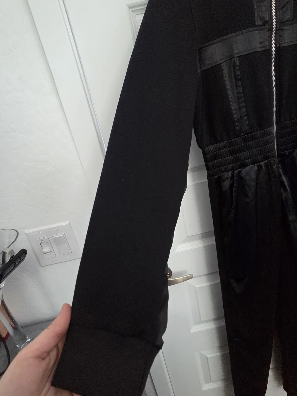 AKIRA Black Zip-Front Satin-Trim Jumpsuit